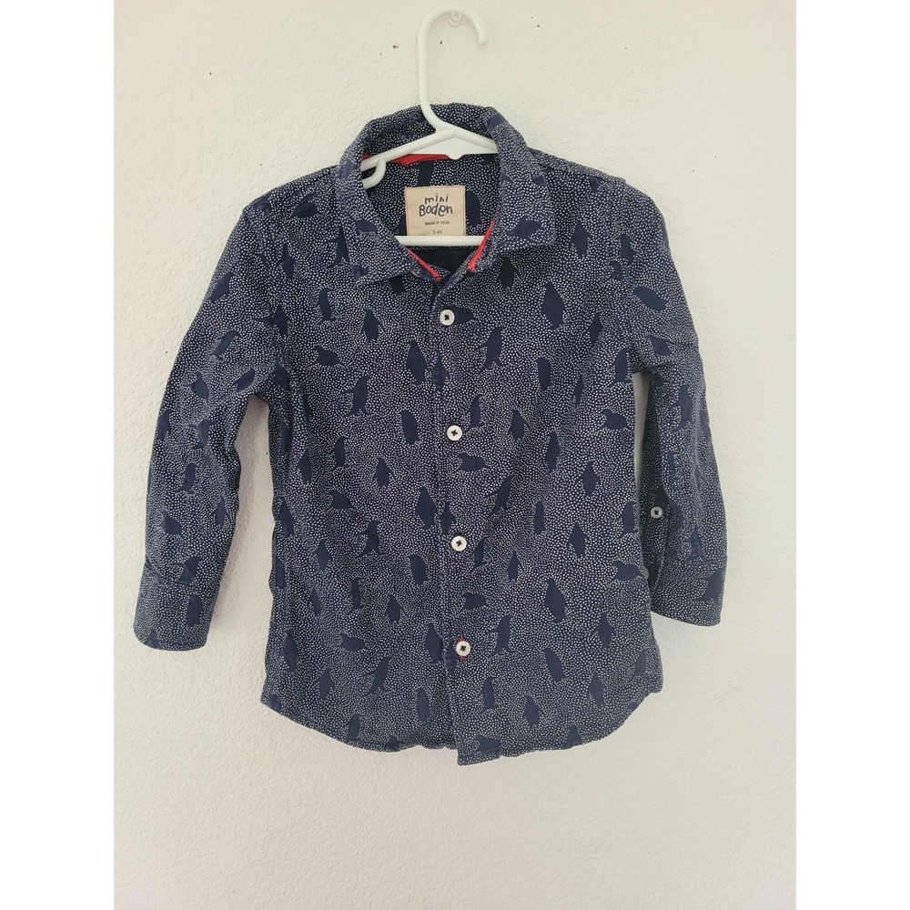 Mini Boden Boys Navy Blue Penguin Polka Dot Button Down Shirt Size 3-4Y #2